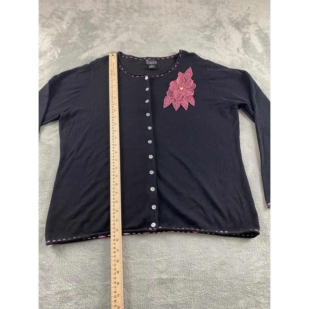 NY Collection Woman Black Floral Applique Cardigan Sweater‎ Pink Stitching 1X - Picture 8 of 10